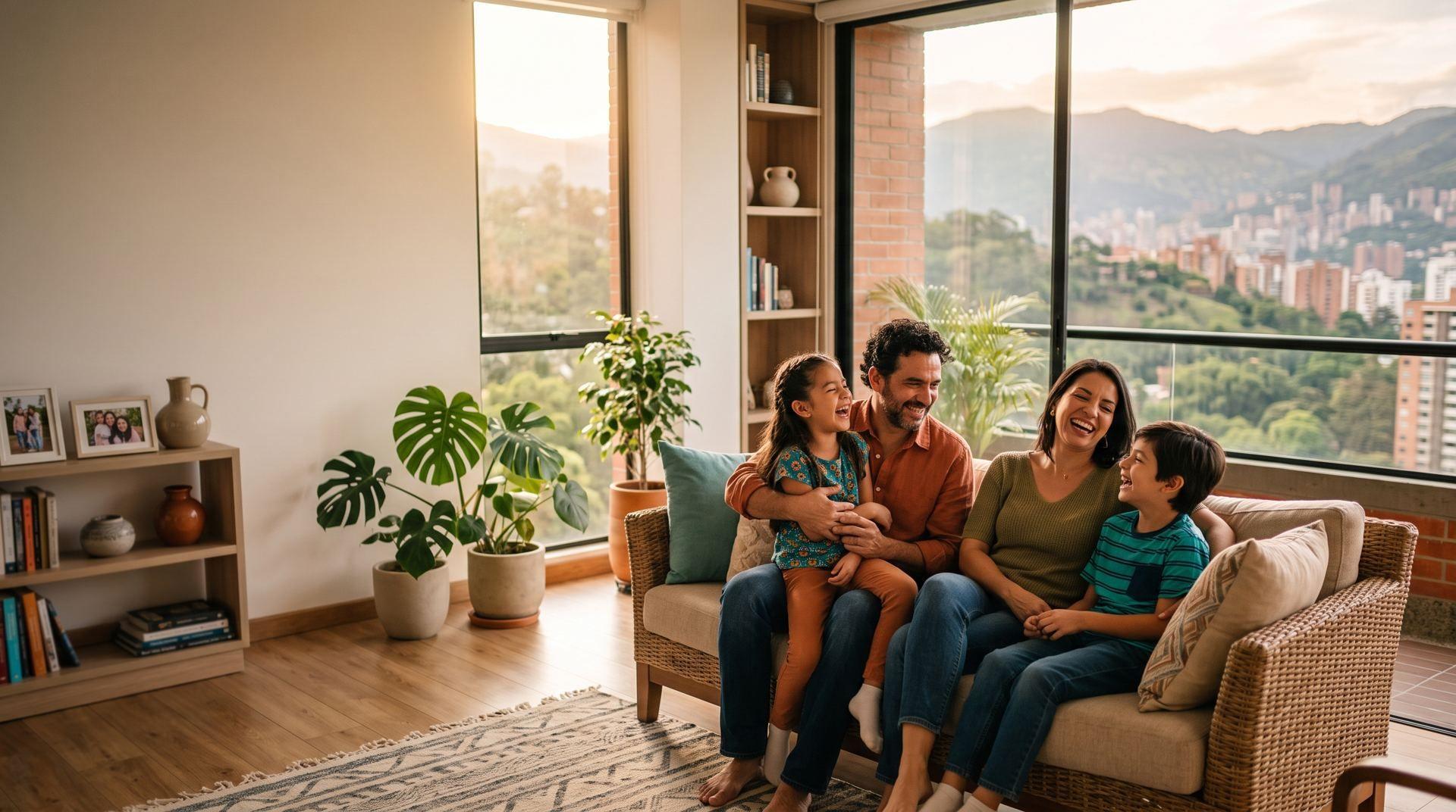 Familia sonriendo en la sala de su apartamento en Medellín